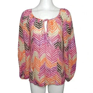 Trina Turk Colorful Silk Peasant Top Pink Orange Chevron Long Sleeve Size Small